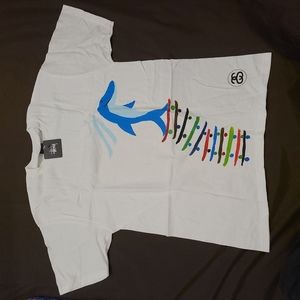 Stussy White Tee with Blue Dolphin and Skateboards